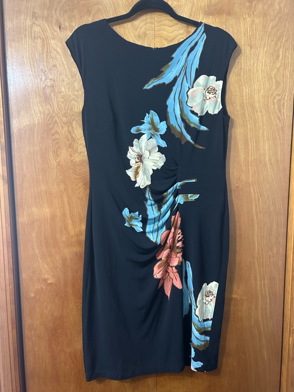 Frank Lyman Design Black Midi Dress with Blue and Pink Floral Print